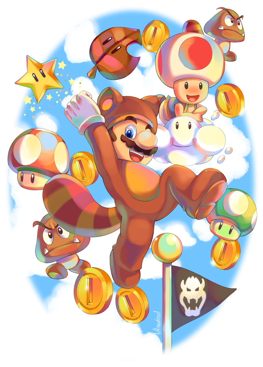 1-up_mushroom 2boys :d animal_costume animal_ears arm_up artist_name blue_eyes blue_sky bowser_logo brown_hair closed_mouth cloud coin commentary day english_commentary engrish_commentary facial_hair flag flagpole frown gloves goomba highres jumping looking_at_viewer male_focus mario mario_(series) multiple_boys mustache nintendo on_cloud open_mouth pennant raccoon_costume raccoon_ears raccoon_tail short_hair sky smile super_leaf super_mario_3d_land super_mushroom super_star_(mario) tail tanuki_mario teeth toad_(mario) tongue tusks ultimatesol upper_teeth_only v-shaped_eyebrows white_background white_gloves