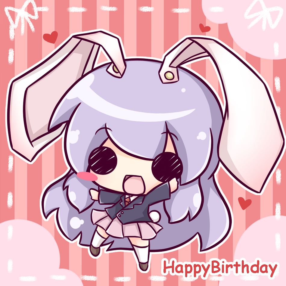1girl animal_ears birthday blush rabbit_ears rabbit_tail chibi heart long_hair open_mouth pink_background purple_eyes reisen_udongein_inaba ribbon ritateo smile solid_circle_eyes tail touhou