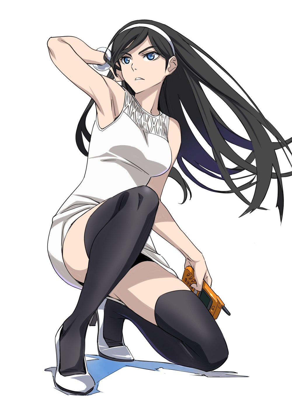 1girl arm_up armpits black_hair black_thighhighs blue_eyes cellphone dress hairband high_heels highres kumashiro_maya long_hair looking_away on_one_knee phone seikimatsu_occult_gakuin shoes simple_background suzutsuki_kurara swept_bangs thighhighs white_background white_shoes white_thighhighs