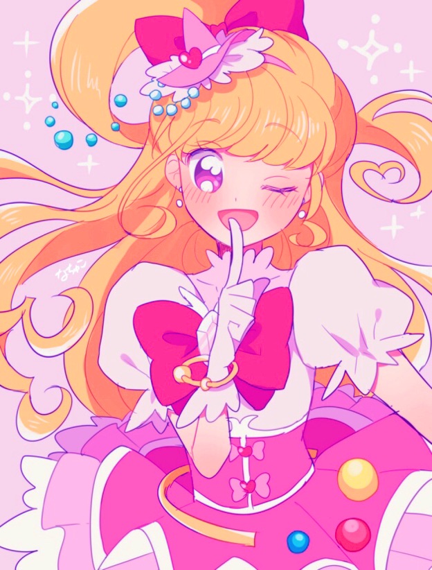 1girl asahina_mirai blonde_hair blunt_bangs blush bow bow_button bowtie bracelet brooch circle_skirt collared_shirt covered_collarbone cowboy_shot cure_miracle diamond_(gemstone) dot_nose earrings eyelashes finger_to_mouth frilled_headwear frilled_skirt frilled_sleeves frills gloves gold_bracelet hair_bow hairband happy hat hat_ornament heart heart_hat_ornament high-waist_skirt jewelry long_hair magical_girl mahou_girls_precure! mini_hat mini_witch_hat miniskirt nachuchoco one_eye_closed one_side_up open_mouth pink_background pink_bow pink_hairband pink_hat pink_skirt pleated_skirt precure puffy_short_sleeves puffy_sleeves purple_eyes red_bow red_bowtie shirt short_sleeves simple_background skirt smile solo sparkle sphere_earrings standing tareme very_long_hair white_gloves white_shirt witch_hat