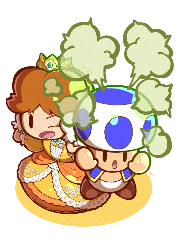 04sora40 1girl blue_toad_(mario) brown_hair chibi commentary_request crown dress eyelashes full_body mario_(series) nintendo one_eye_closed open_mouth orange_dress princess_daisy simple_background super_smash_bros. white_background