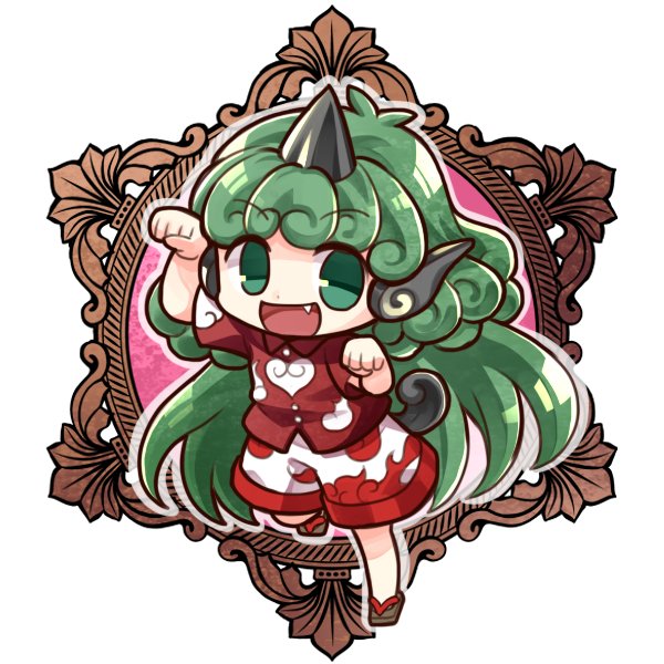 1girl :d arm_up chibi chibi_only collared_shirt commentary_request curly_hair fang full_body green_eyes green_hair hand_up horns kariyushi_shirt komainu_ears komano_aunn long_hair looking_at_viewer open_mouth paw_pose red_shirt shirt shorts single_horn smile socha solo tail touhou very_long_hair white_shorts