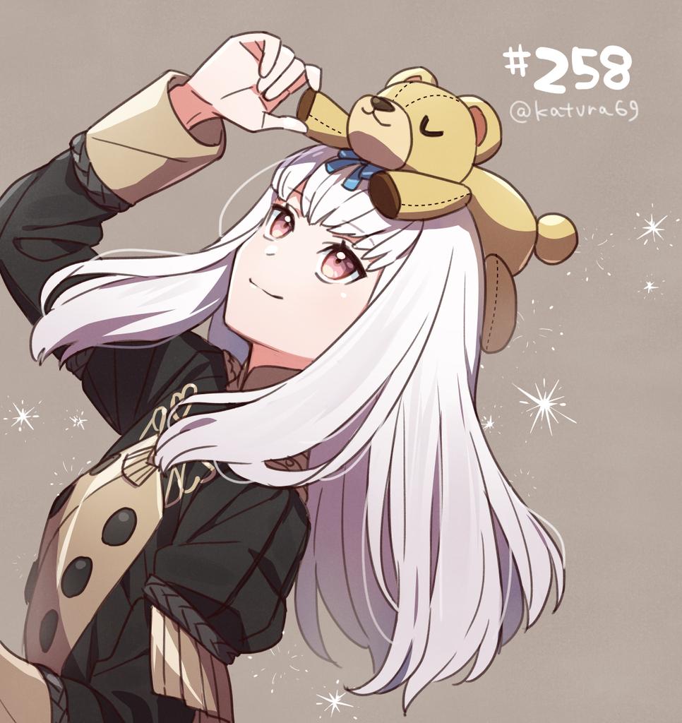 1girl buttons closed_mouth commentary_request fire_emblem fire_emblem:_three_houses fire_emblem_heroes garreg_mach_monastery_uniform grey_background hair_between_eyes katsura_ichiho long_hair long_sleeves looking_up lysithea_von_ordelia nintendo numbered on_head pink_eyes simple_background smile solo stuffed_animal stuffed_toy teddy_bear twitter_username upper_body white_hair