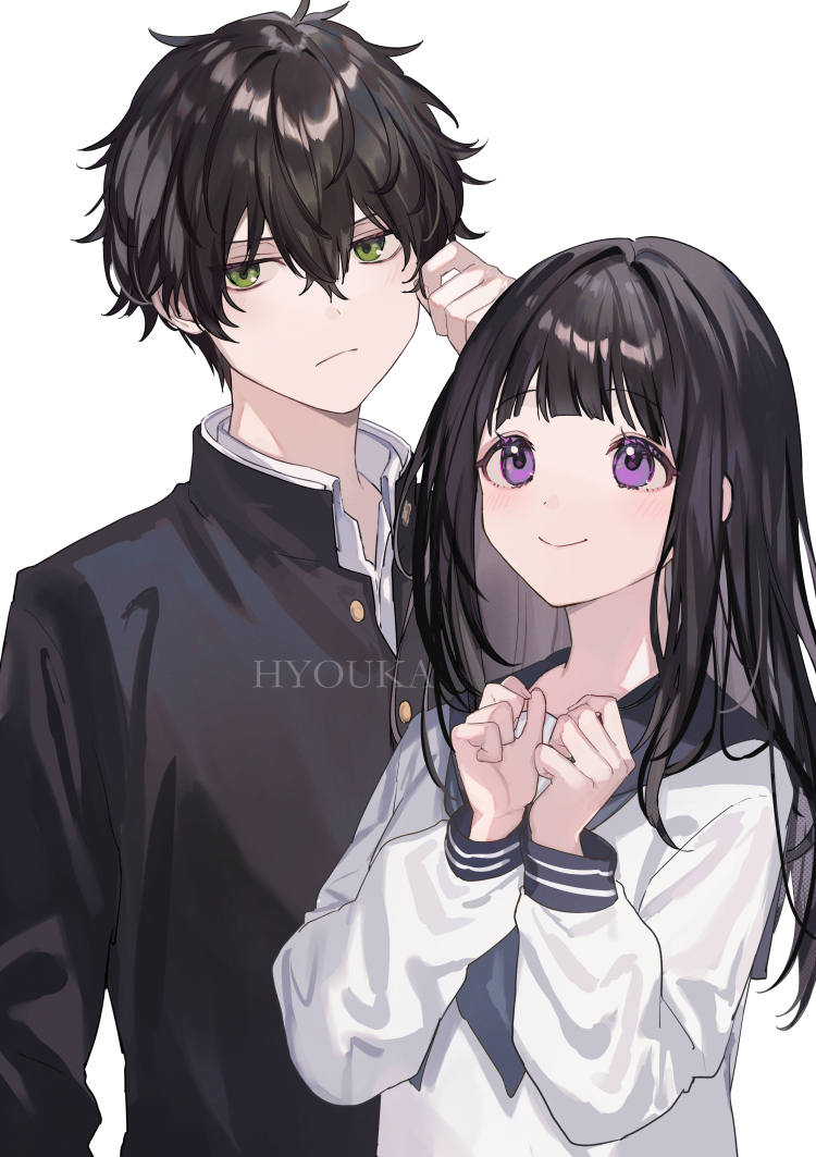 1boy 1girl black_hair black_jacket blue_neckerchief blue_sailor_collar chitanda_eru closed_mouth copyright_name gakuran green_eyes hair_between_eyes hands_up hyouka jacket kamiyama_high_school_uniform_(hyouka) long_hair long_sleeves looking_at_another neckerchief oreki_houtarou purple_eyes sailor_collar school_uniform shirt short_hair shugao simple_background smile upper_body white_background white_shirt