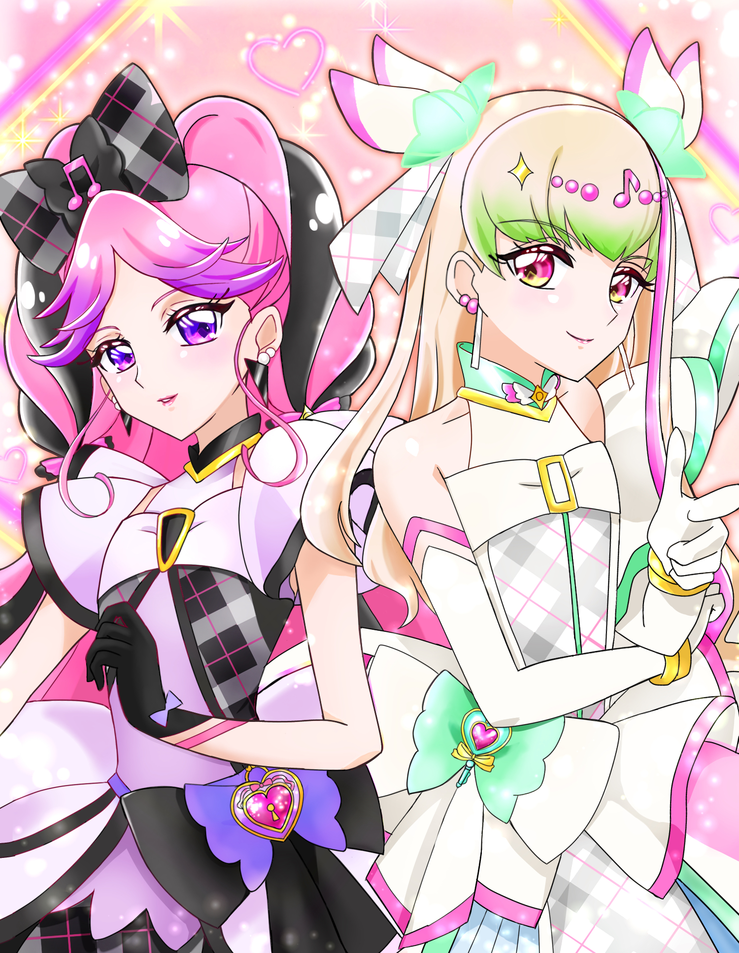 2girls bare_arms black_gloves black_hair blonde_hair blunt_bangs bracelet braid brooch bubble_skirt choker closed_mouth cure_kiss cure_zukyuun dress earrings elbow_gloves finger_gun fortissimo frilled_dress frilled_ribbon frilled_skirt frilled_sleeves frills fun-yzz gingham gingham_dress gloves gradient_hair green_hair hair_ornament hair_ribbon hair_tie hair_wings half_gloves heart heart-shaped_lock heart-shaped_pupils highres jewelry kimi_to_idol_precure long_hair looking_at_viewer magical_girl meroron_(human_form) multicolored_hair multiple_earrings multiple_girls musical_note musical_note_hair_ornament parted_bangs pearl_earrings pink_eyes pink_hair precure puffy_short_sleeves puffy_sleeves purirun_(human_form) purple_dress purple_eyes ribbon ribbon_choker short_sleeves single_bare_shoulder skirt sleeveless standing symbol-shaped_pupils twin_braids twintails upper_body very_long_hair white_dress white_gloves wing_hair_ornament wrist_cuffs