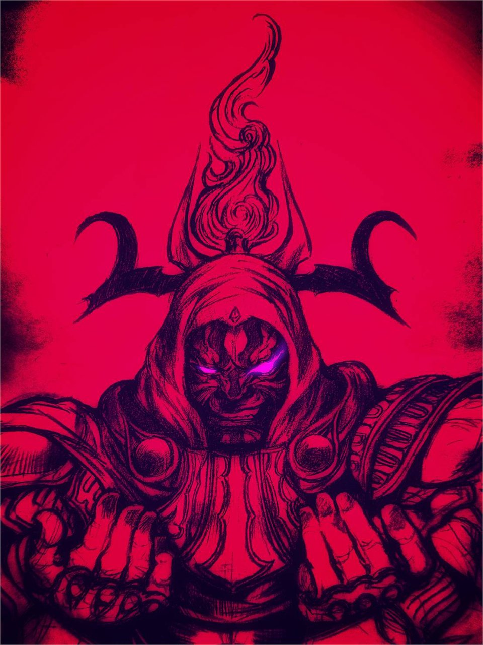 1boy beckoning evil_smile facepaint fake_horns final_fantasy gilgamesh_(final_fantasy) glowing glowing_eyes highres horned_headwear horns monochrome nomura_tetsuya official_art purple_eyes smile solo stranger_of_paradise:_final_fantasy_origin upper_body