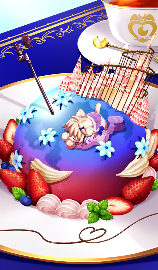 blue_flower blueberry cake castle chocolate commentary_request cup dessert drink fate/grand_order fate_(series) flower fluffy_atr food food_art food_focus fruit leaf microphone mint neco-arc no_humans official_art ono_no_komachi_koken-shou plate saucer still_life strawberry strawberry_slice teacup third-party_source whipped_cream