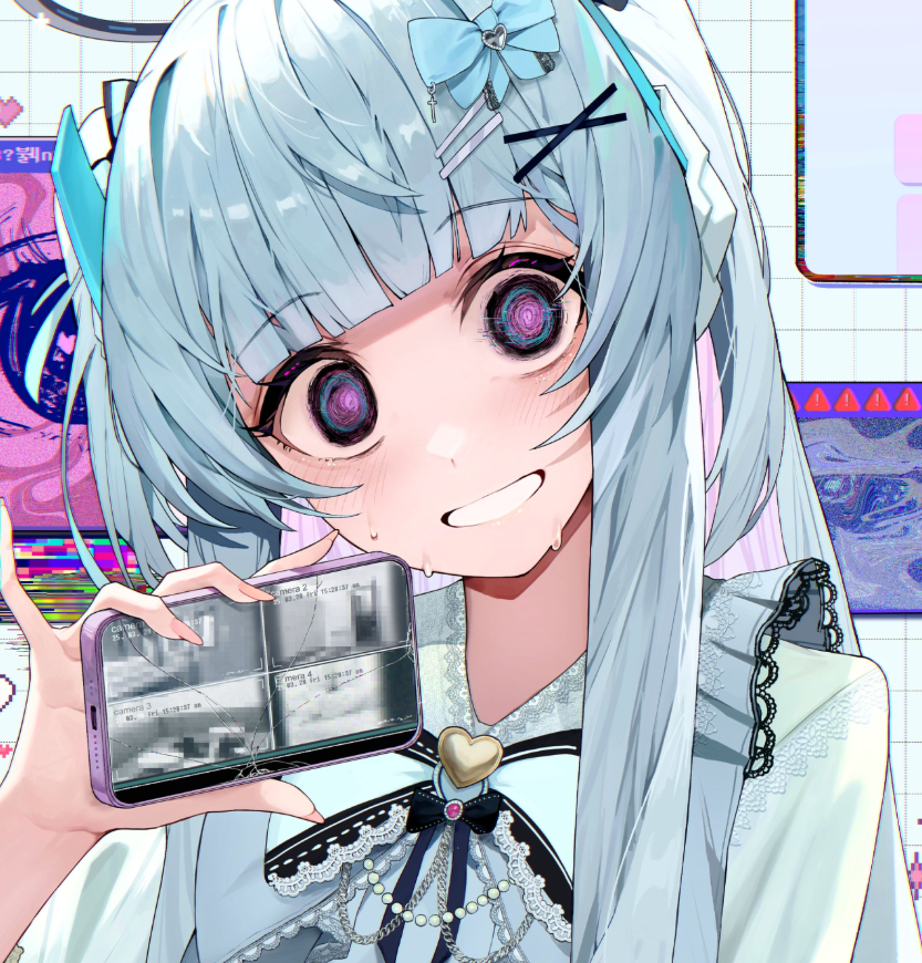 1girl @_@ blue_archive blue_hair blue_shirt blush crack cracked_glass cracked_phone cracked_screen crazy_eyes fingernails grin halo holding holding_phone jirai_kei josal long_fingernails long_hair mechanical_halo noa_(blue_archive) phone purple_eyes ringed_eyes shirt smile solo sweatdrop
