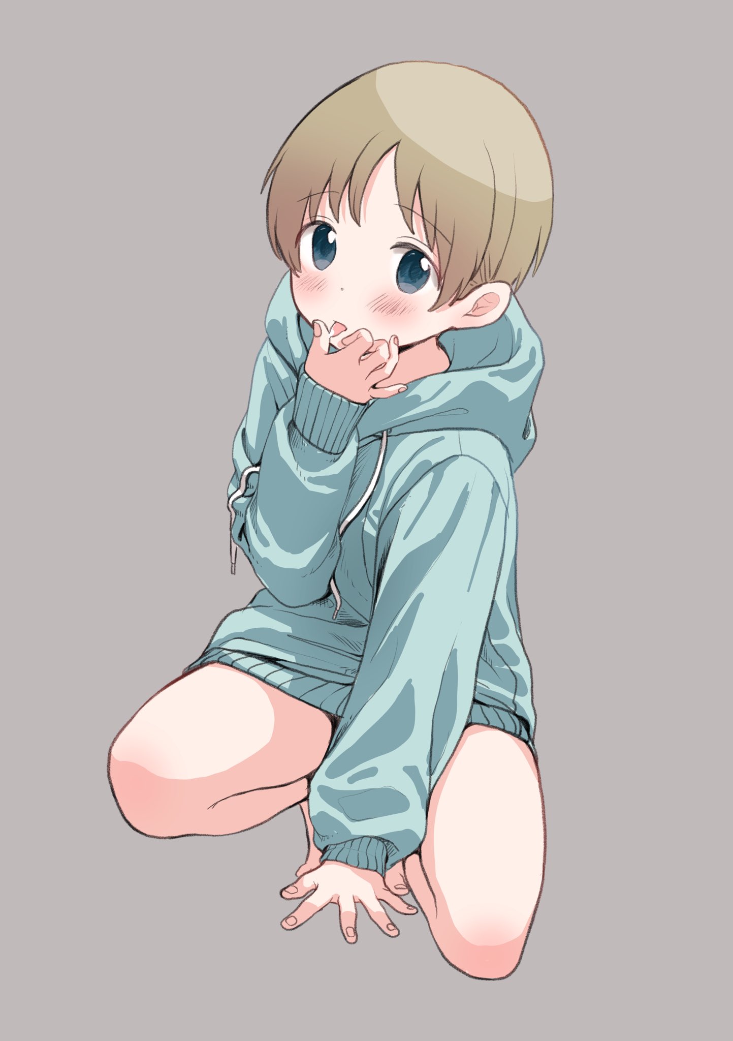 1boy blonde_hair blue_eyes blue_hoodie blush child drawstring grey_background highres hood hood_down hoodie looking_at_viewer male_focus original piko_(pixiv) simple_background solo squatting tongue tongue_out