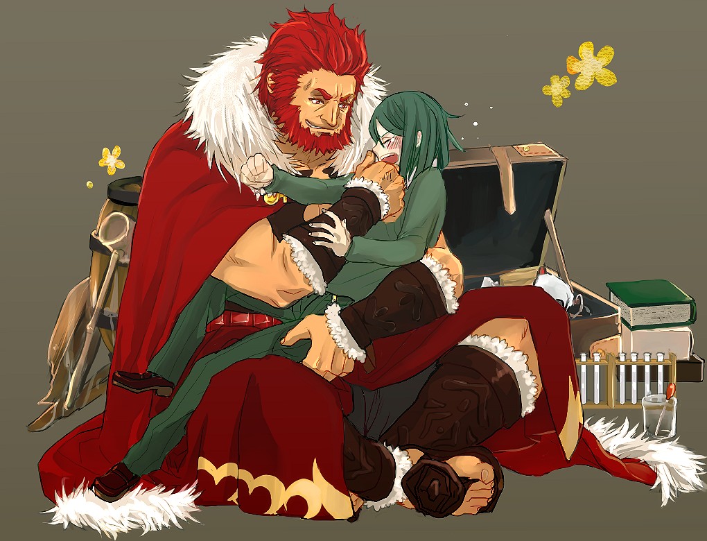 2boys book box chemistry_set chihare_27 fate/zero fate_(series) green_eyes green_hair iskandar_(fate) male_focus multiple_boys red_eyes red_hair sandals size_difference teasing waver_velvet