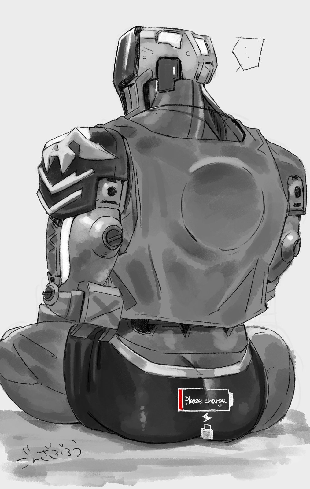 1boy ass ass_focus bara battery_indicator clothed_robot cysqb faceless faceless_male from_behind greyscale highres humanoid_robot joints kay/o_(valorant) looking_to_the_side male_focus monochrome muscular muscular_legs muscular_male robot robot_joints shorts simple_background sitting solo spread_legs tank_top thighs valorant white_background