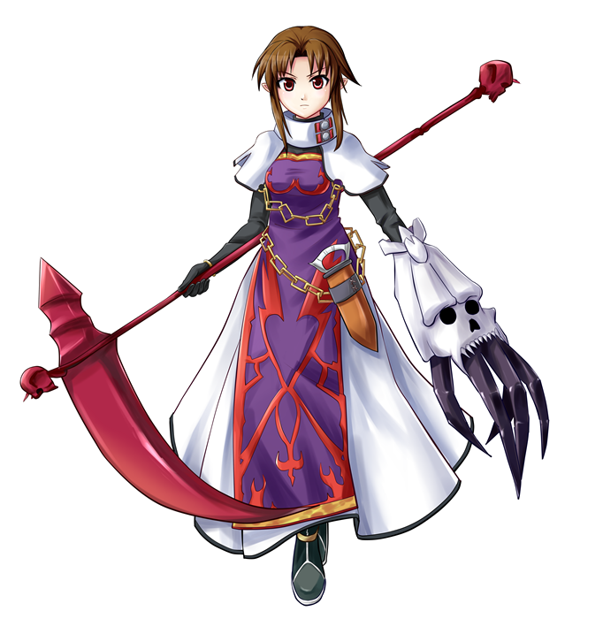 1girl armor armored_dress black_gloves brown_eyes brown_hair chain claws dress female_focus full_body gloves hiro_(spectral_force) holding_behind_back holding_polearm holding_polearm_behind_back holding_weapon holding_weapon_behind_back polearm scythe serious shawl short_hair sidelocks solo spectral_(series) spectral_force spectral_souls spectral_vs_generation tabard white_background white_dress