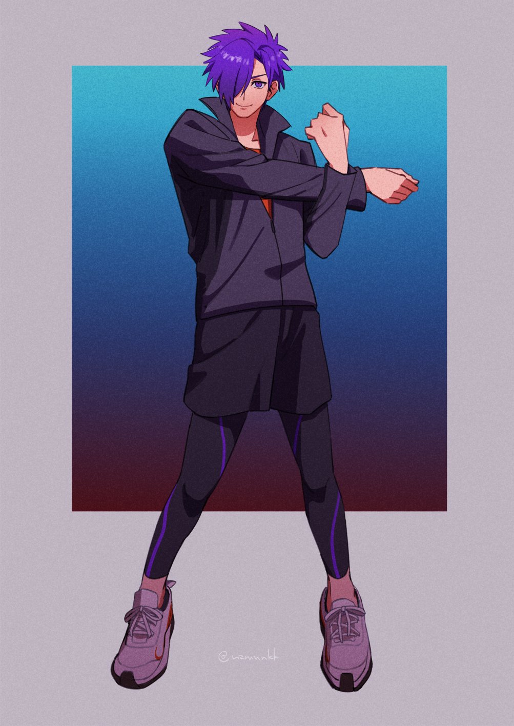 black_jacket black_shorts closed_mouth collared_jacket commentary_request cross-body_stretch curtained_hair fire_emblem fire_emblem:_three_houses fire_emblem_warriors:_three_hopes full_body hair_over_one_eye highres jacket leggings long_sleeves looking_at_viewer male_shez_(fire_emblem) nintendo nzmnnkk one_eye_covered orange_shirt popped_collar purple_hair purple_shoes shirt shoes short_hair shorts smile sneakers standing twitter_username