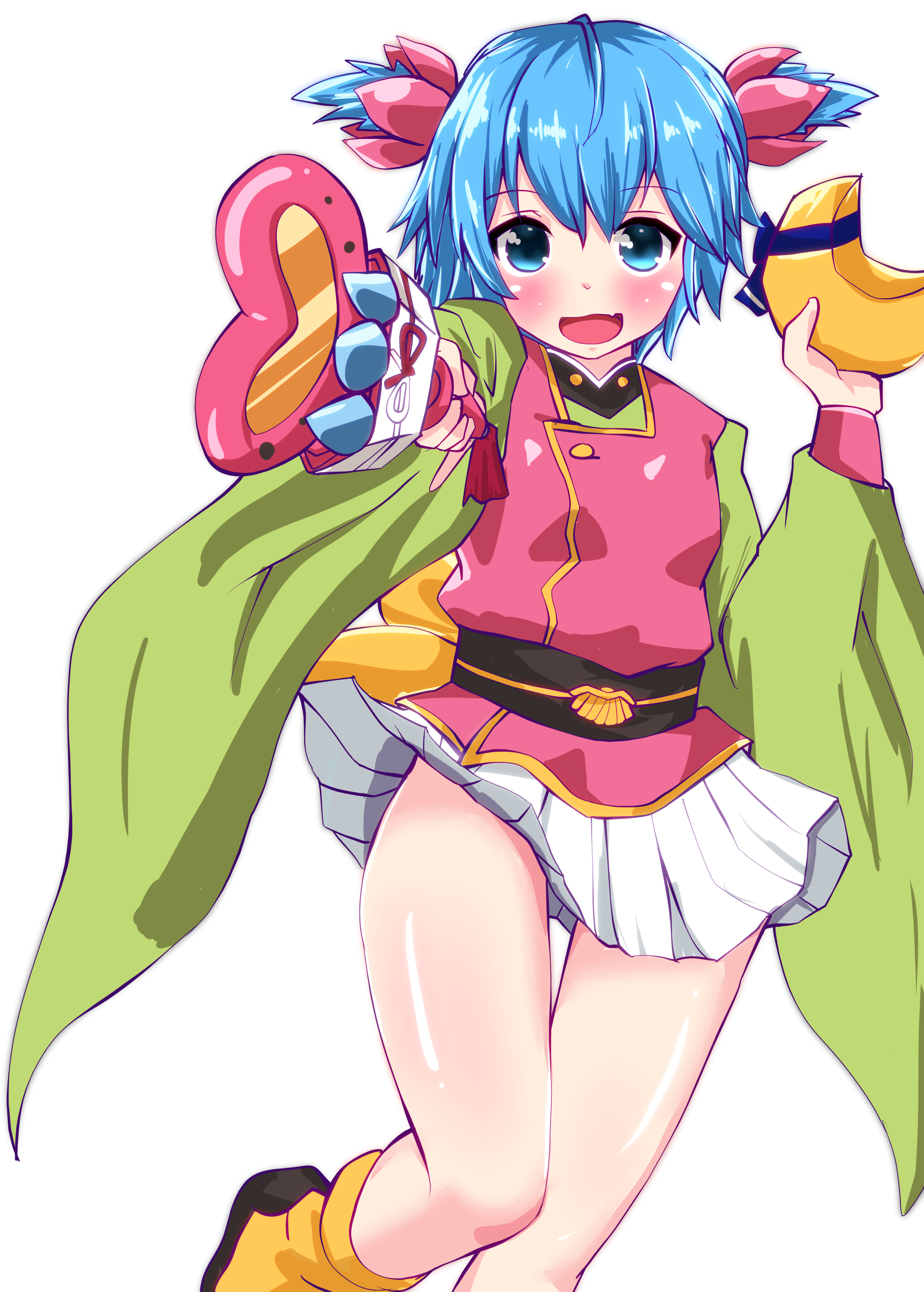 1girl :d absurdres back_bow blue_eyes blue_hair blush bow cosplay cowboy_shot green_kimono highres holding holding_wand japanese_clothes kantai_collection kimono kitahama_(siroimakeinu831) looking_at_viewer magical_girl mahou_shoujo_pretty_sammy minazuki_(kancolle) open_mouth pink_shirt pretty_sammy_(character) pretty_sammy_(character)_(cosplay) shiny_skin shirt short_hair short_twintails simple_background skirt smile solo twintails wand white_background white_skirt yellow_bow