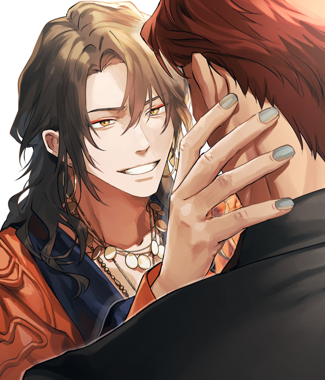 2boys aqua_nails earrings eye_contact green_hair grin hair_between_eyes hand_on_another&#039;s_face highres hoop_earrings jacket jewelry looking_at_another male_focus multiple_boys necklace orange_jacket original otani_(gloria) portrait red_eyes red_hair smile teeth yaoi yellow_eyes