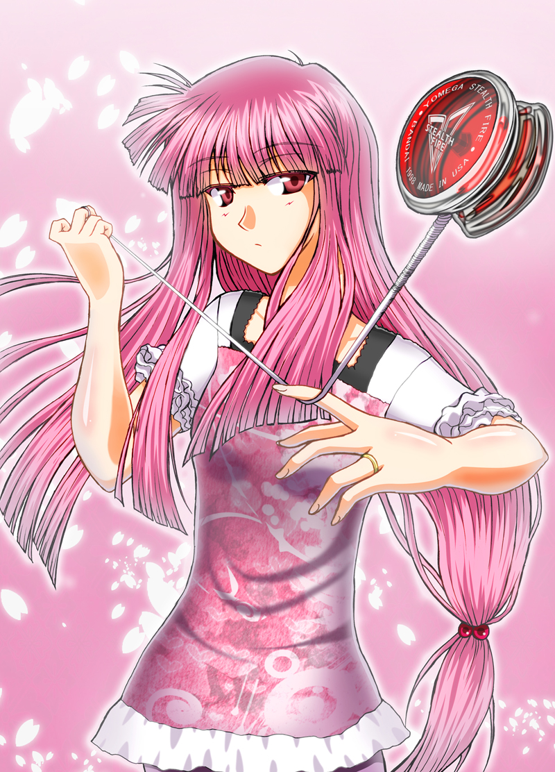 1girl aged_up bad_id bad_pixiv_id chousoku_spinner expressionless female_focus hair_bobbles hair_ornament jewelry kirisaki_mai low_twintails pink_eyes ring short_hair solo twintails yama_yuuji yo-yo