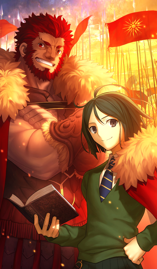 2boys ahoge beard black_eyes black_hair black_pants blue_necktie book cape collar collared_shirt commentary cowboy_shot crossed_arms diagonal-striped_clothes diagonal-striped_necktie facial_hair fate/accel_zero_order fate/grand_order fate_(series) full_beard fur-trimmed_cape fur_trim green_sweater hand_on_own_hip height_difference holding holding_book iskandar_(fate) male_focus multiple_boys muscular muscular_male necktie official_art orange_theme pants red_cape red_eyes red_flag red_hair shirt short_hair smile striped_clothes sweater takeuchi_takashi third-party_source waver_velvet waver_velvet_(zhuge_liang) white_collar