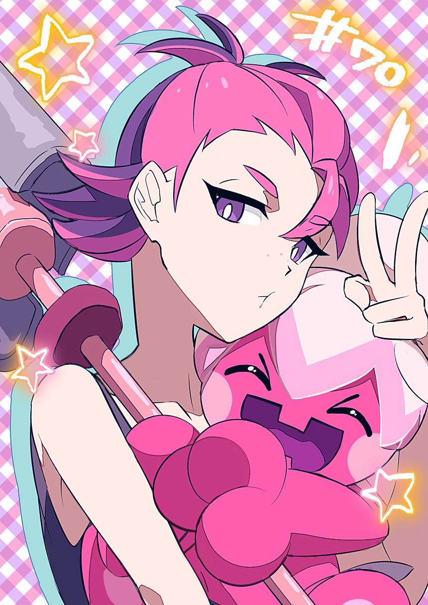 1girl black_hair closed_eyes colored_skin dot_(pokemon) hair_ornament hammer highres holding holding_hammer long_hair looking_at_viewer multicolored_hair nintendo open_mouth pink_hair pink_skin plus_ta pokemon pokemon_(anime) pokemon_(creature) pokemon_horizons ponytail purple_eyes purple_hair short_hair smile tank_top tinkatuff