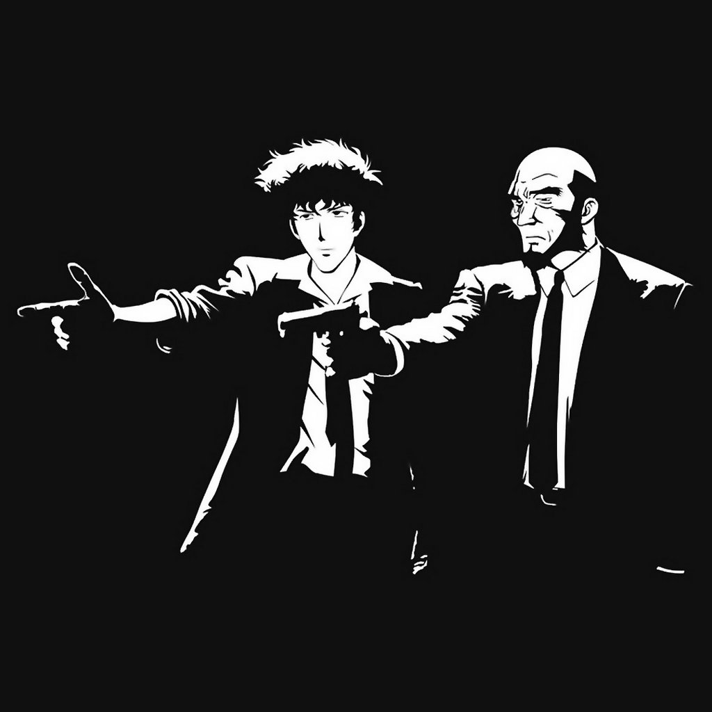 2boys beard cowboy_bebop facial_hair finger_gun gun jet_black multiple_boys parody pulp_fiction scar scar_across_eye scar_on_face spike_spiegel weapon
