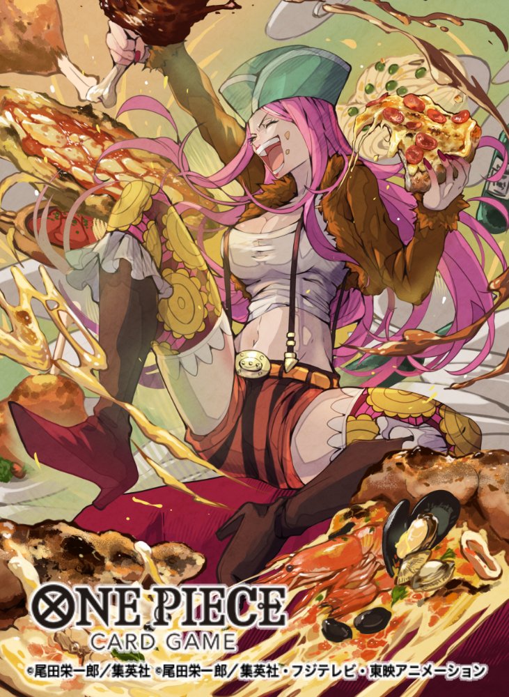 1girl ^_^ aqua_hat belt boots closed_eyes commentary_request copyright_name crop_top cropped_jacket food full_body hat high_heels holding holding_food jewelry_bonney long_hair meat nanahara_shie official_art one_piece one_piece_card_game open_mouth pink_hair pizza shorts solo suspenders thighhighs