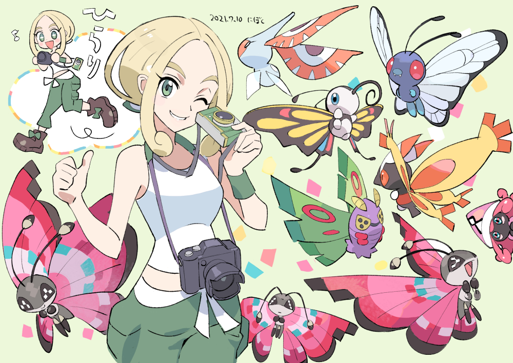 1girl beautifly belt blonde_hair butterfree camera commentary_request dated dustox eyelashes gen_1_pokemon gen_3_pokemon gen_4_pokemon gen_6_pokemon gen_7_pokemon green_eyes green_pants gym_leader holding holding_camera legendary_pokemon masquerain mothim nibo_(att_130) nintendo one_eye_closed pants photographer pokemon pokemon_(creature) pokemon_xy shirt sleeveless sleeveless_shirt smile tapu_lele thumbs_up viola_(pokemon) vivillon vivillon_(meadow) white_belt white_shirt wristband