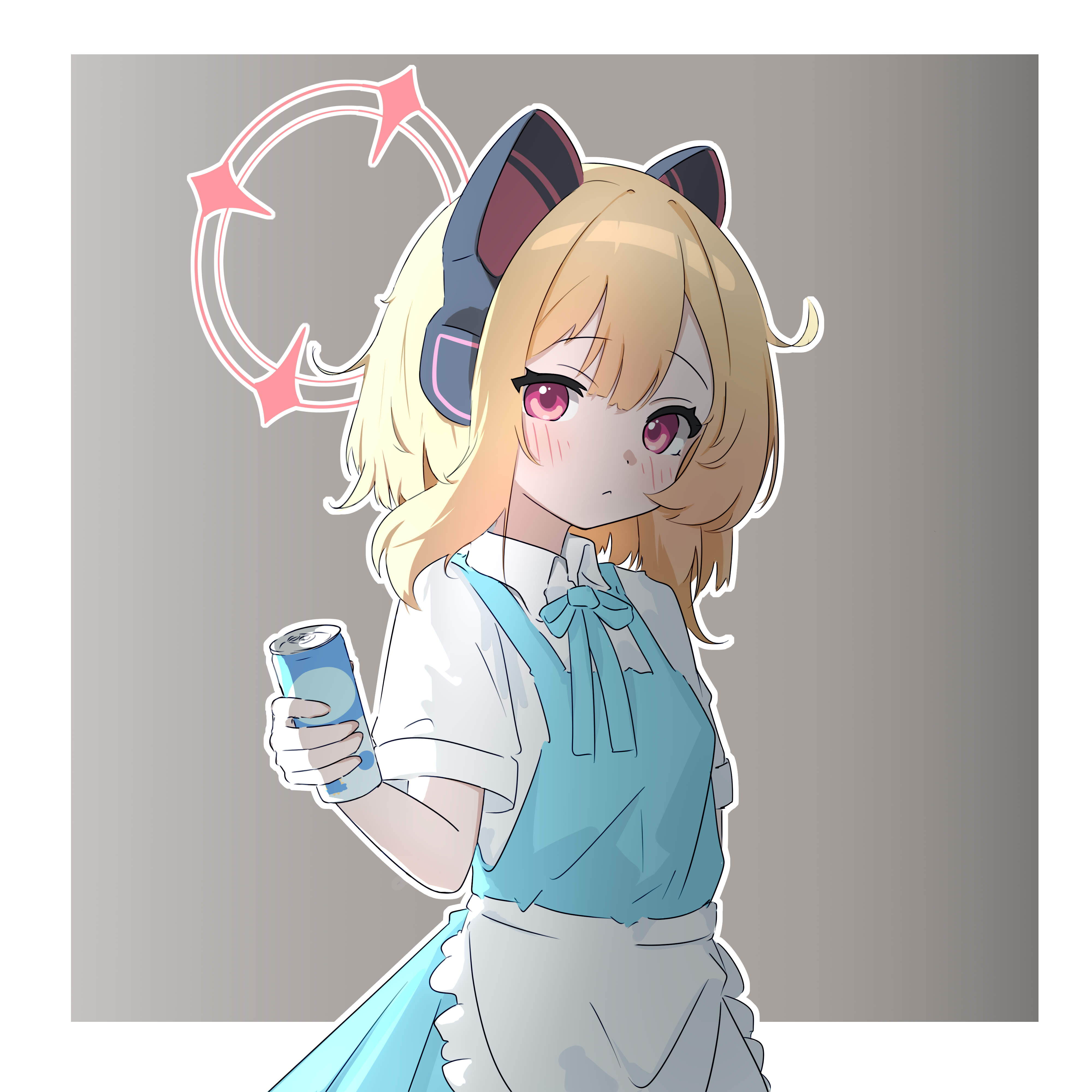 1girl :< absurdres alternate_costume alternate_hairstyle animal_ear_headphones animal_ears apron aqua_bow aqua_bowtie arm_at_side asymmetrical_hair blonde_hair blue_archive blush border bow bowtie can cat_ear_headphones cat_ears closed_mouth clothing_request collared_shirt dot_nose double-parted_bangs drink_can fake_animal_ears frilled_apron frills gradient_background grey_background hair_between_eyes halo hand_up headphones highres holding holding_can huajiao looking_at_viewer looking_to_the_side medium_hair momoi_(blue_archive) no_hair_bow outline outside_border pink_eyes pink_halo shirt short_sleeves side_ahoge sidelocks simple_background solo three_quarter_view upper_body waist_apron white_apron white_border white_outline white_shirt