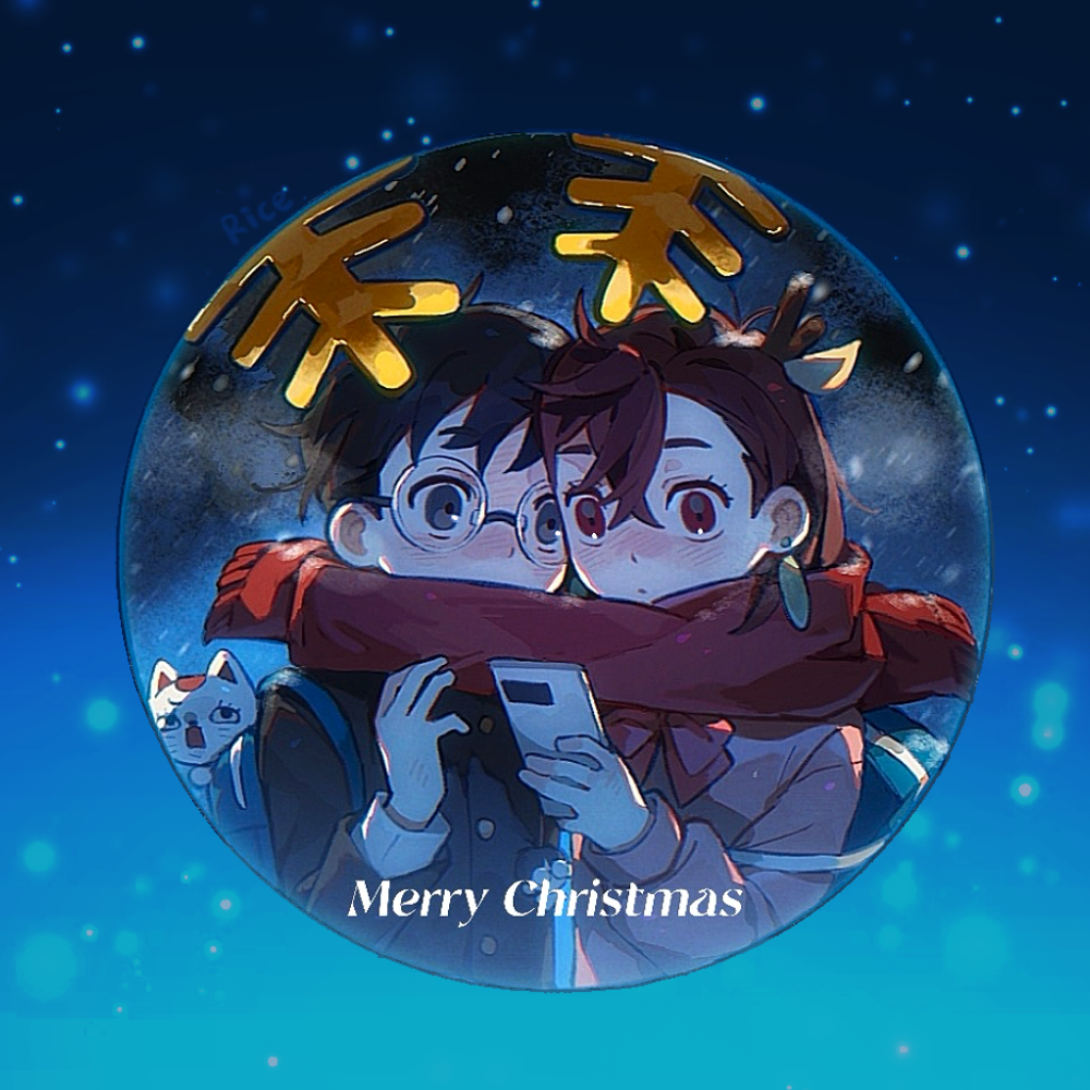 1boy 1girl animal_ears antlers ayase_momo backpack bag black_hair black_jacket blush bow bowtie brown_eyes brown_hair cat chinese_commentary christmas closed_mouth commentary_request crystal_ball dandadan deer_ears earrings gakuran glasses hair_between_eyes heads_together holding holding_phone horns jacket jewelry long_sleeves merry_christmas phone pink_sweater red_bow red_bowtie red_scarf reindeer_antlers rice_(somasuki_77) round_eyewear scarf school_uniform shared_clothes shared_scarf short_hair snowing sweater takakura_ken_(dandadan) turbo_granny_(dandandan) upper_body