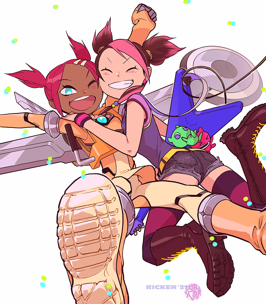 2girls ass blue_eyes boots crossover dark-skinned_female dark_skin guitar instrument miko_nakadai multiple_girls one_eye_closed red_hair ricken sari_sumdac transformers transformers_animated transformers_prime twintails wink