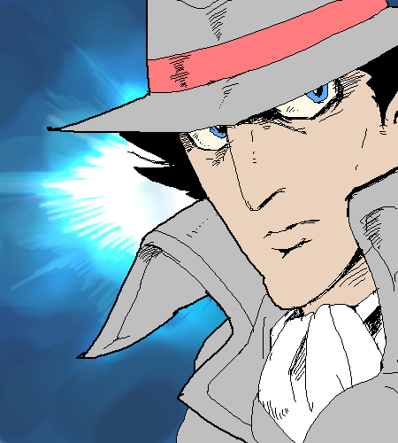 1980s_(style) 1boy black_hair blue_background blue_eyes close-up coat cyborg dic_entertainment fedora gadget gradient_background grey_coat grey_hat hat inspector_gadget looking_at_viewer lowres male_focus oekaki oldschool retro_artstyle simple_background solo trench_coat white_neckwear