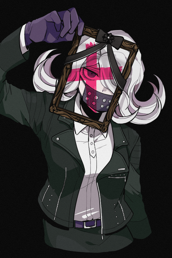 1girl black_background black_bow black_gloves black_jacket black_skirt bow collared_shirt cross danganronpa_(series) danganronpa_3_(anime) dress_shirt flipped_hair gloves grey_hair grey_shirt hair_over_one_eye holding holding_picture_frame iei jacket kimura_seiko long_hair long_sleeves looking_at_viewer mask mouth_mask open_clothes open_jacket picture_frame purple_eyes shimada_(dmisx) shirt shirt_tucked_in simple_background skirt solo
