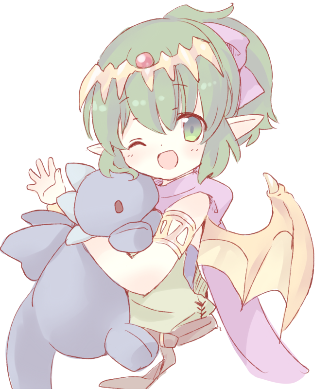 1girl ;d armlet dragon_wings fire_emblem fire_emblem:_mystery_of_the_emblem fire_emblem_heroes green_eyes green_hair holding holding_stuffed_toy jewelry looking_at_viewer nintendo official_alternate_costume official_alternate_hairstyle one_eye_closed open_mouth pointy_ears ponytail short_hair short_ponytail smile solo stuffed_animal stuffed_dragon stuffed_toy teu_(navy) tiara tiki_(fire_emblem) tiki_(young)_(dragon&#039;s_progeny)_(fire_emblem) tiki_(young)_(fire_emblem) wings