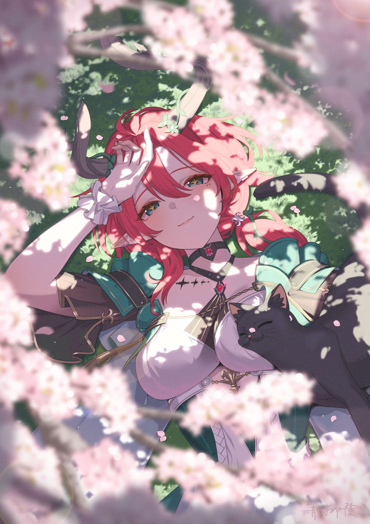 1girl bard black_cat black_horns blurry blurry_foreground breasts cat cherry_blossoms ciaccona_(wuthering_waves) closed_mouth commentary_request cutout_above_navel dress earclip grass green_eyes green_sleeves hair_between_eyes highres horns large_breasts lying meda medium_hair mole mole_under_eye multicolored_dress on_back pointy_ears red_hair smile symbol-shaped_pupils tacet_mark_(wuthering_waves) white_wrist_cuffs wrist_cuffs wuthering_waves