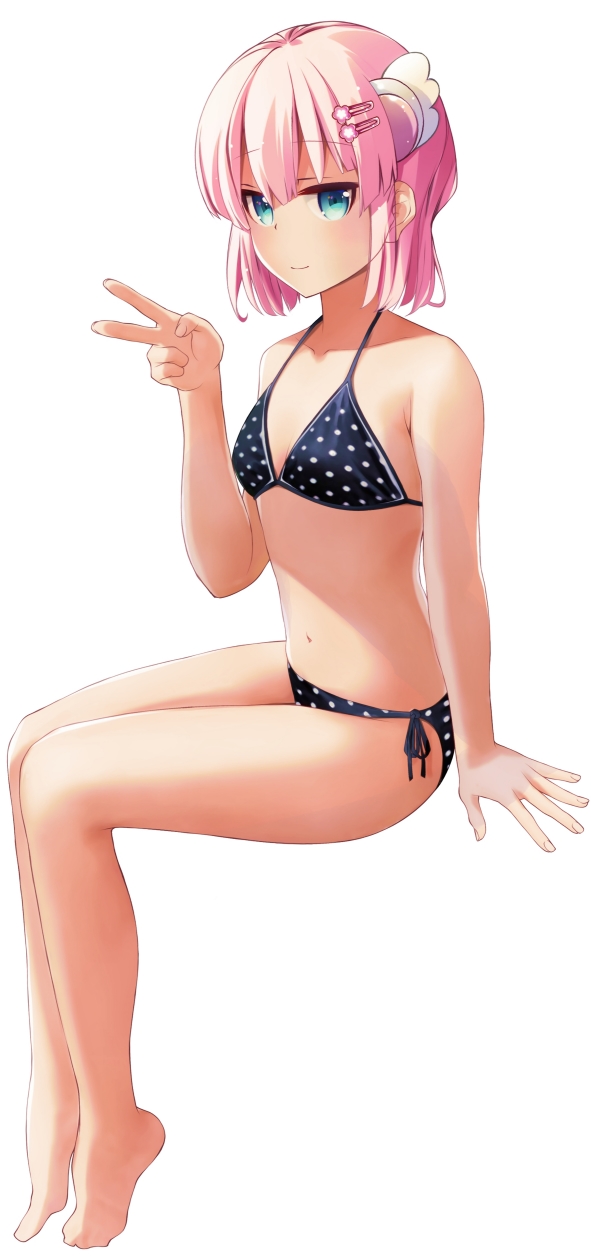 1girl aqua_eyes arm_at_side armpit_crease bare_legs bare_shoulders barefoot bikini black_bikini blunt_bangs blunt_ends blush bob_cut breasts chiyoda_momo chuutaro_metal closed_mouth collarbone commentary full_body hair_ornament hairclip halterneck hand_up highres legs_together looking_at_viewer machikado_mazoku pink_hair polka_dot polka_dot_bikini short_hair side-tie_bikini_bottom simple_background sitting small_breasts smile solo swimsuit thighs v white_background