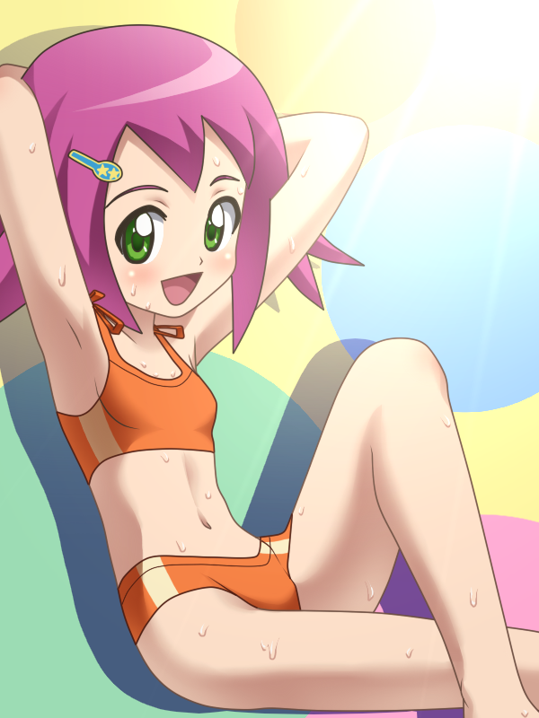 1girl awa bikini capcom green_eyes mega_man_(series) mega_man_star_force_(series) orange_bikini purple_hair sonia_strumm_(mega_man) swimsuit