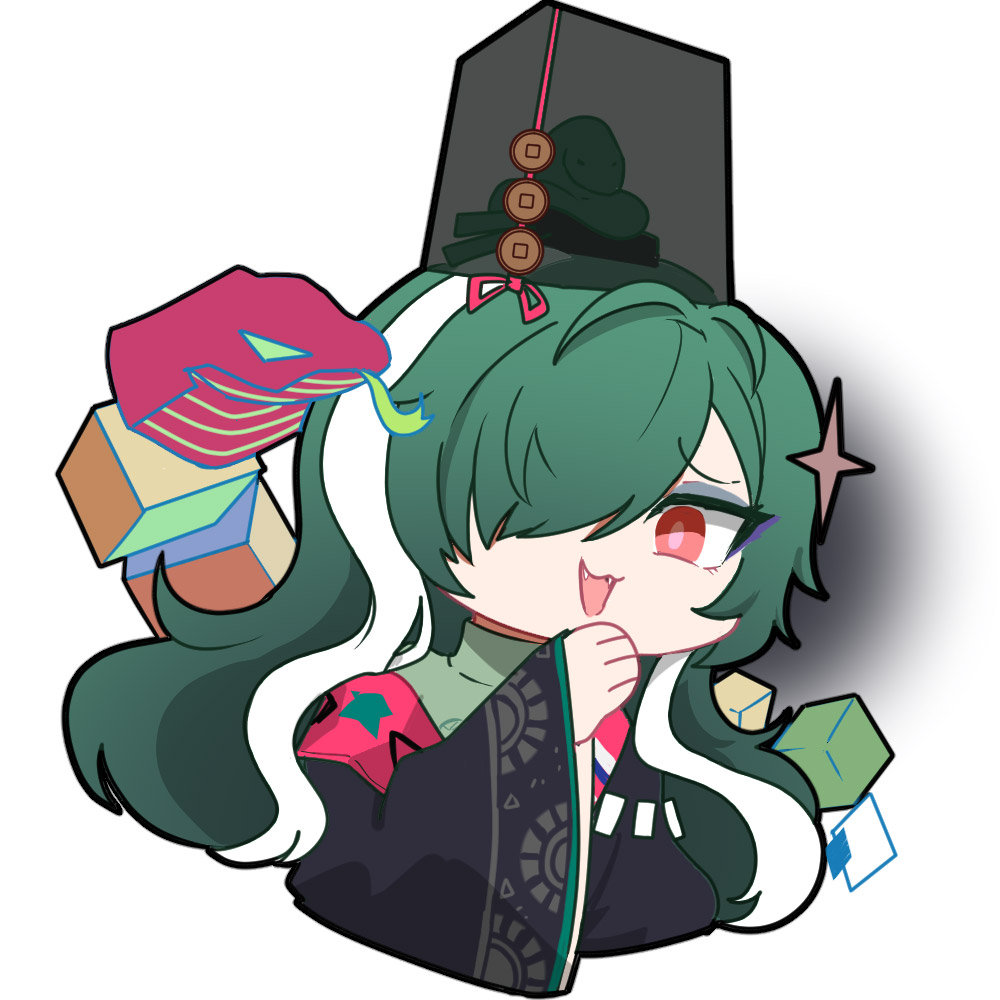 1girl artist_request black_hat black_robe chibi chibi_only chinese_commentary fangs girls&#039;_frontline girls&#039;_frontline_neural_cloud green_hair green_shirt hair_over_one_eye hat laughing looking_at_viewer official_art ojou-sama_pose open_mouth red_eyes robe second-party_source shirt snake sparkle taoism white_hair zangyin_(neural_cloud)