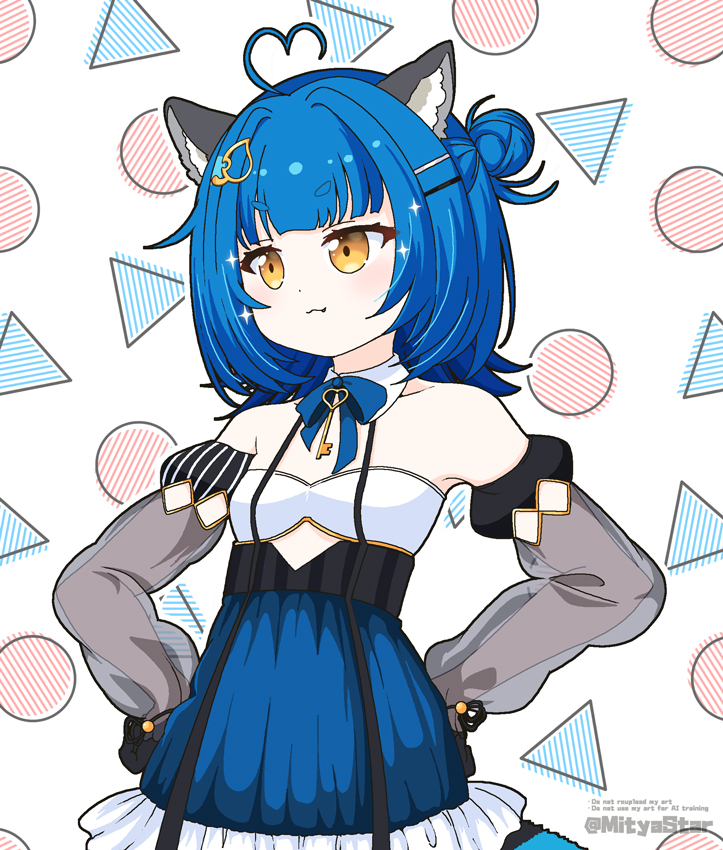 1girl :3 ahoge animal_ear_fluff animal_ears black_gloves blue_bow blue_hair blue_skirt bow breasts brown_eyes chromashift closed_mouth commentary_request commission detached_sleeves fang fang_out frilled_skirt frills gloves hair_bun hair_ornament hairclip hands_on_own_hips heart heart_ahoge key long_sleeves mitya poko_rakun poko_rakun_(1st_costume) puffy_long_sleeves puffy_sleeves raccoon_ears raccoon_girl raccoon_tail see-through_clothes see-through_sleeves short_eyebrows skeb_commission skirt small_breasts solo striped_tail tail thick_eyebrows v-shaped_eyebrows virtual_youtuber white_background