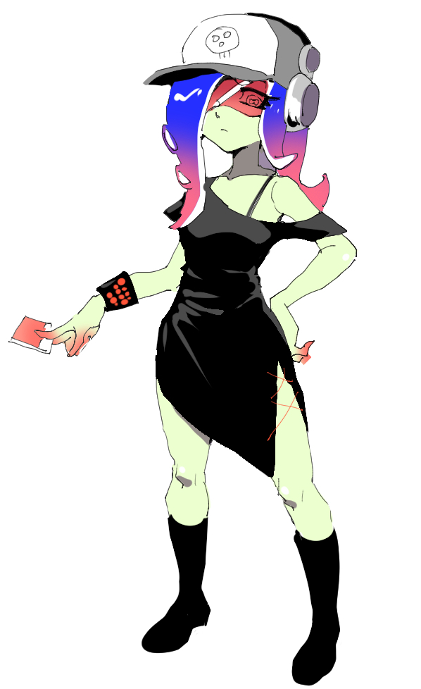 1girl baseball_cap bra_strap color_chip_(splatoon) colored_skin dede_(qwea_00000) dedf1sh eyes_visible_through_eyewear full_body gradient_skin green_skin hat headphones_over_headwear nintendo octoling print_headwear red-tinted_eyewear sanitized_(splatoon) single_bracelet splatoon_(series) splatoon_3 splatoon_3:_side_order tentacle_hair tinted_eyewear