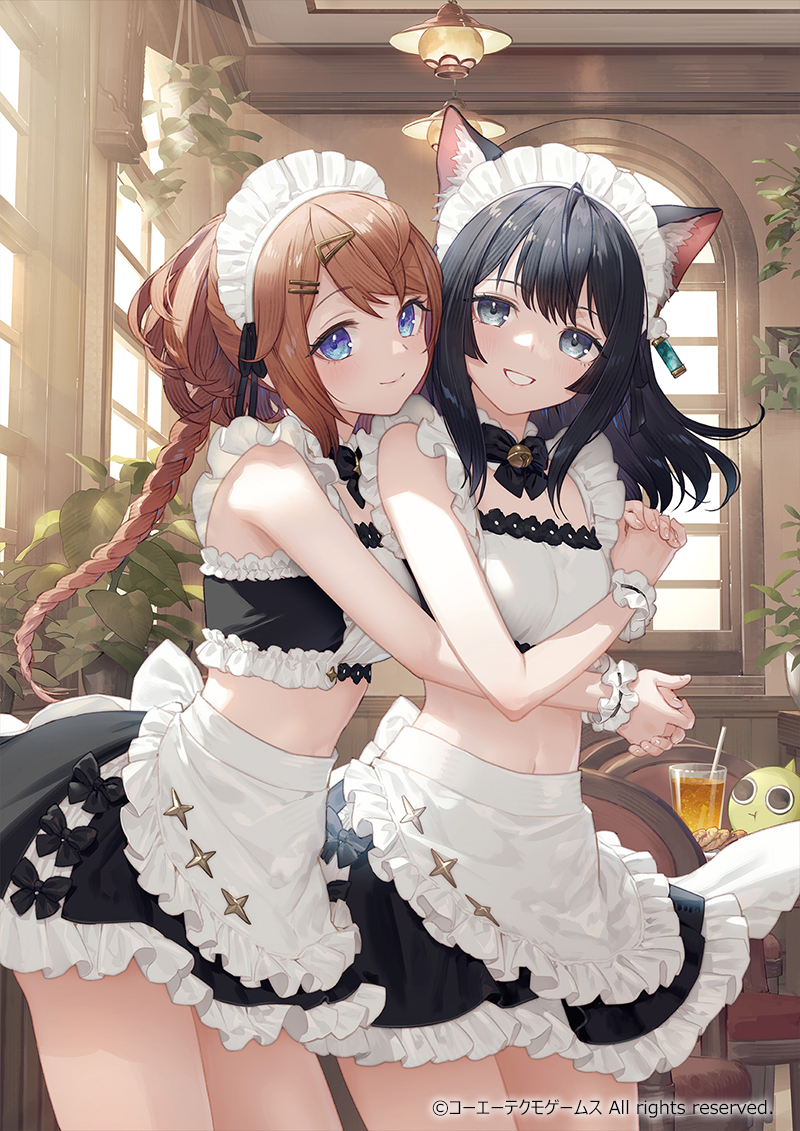 2girls alternate_costume animal_ear_fluff animal_ears apron atelier_(series) atelier_resleriana bell black_bow black_bowtie black_eyes black_hair black_ribbon black_skirt blue_eyes bow bowtie braid brown_hair cat_ears cat_girl closed_mouth commentary_request cowboy_shot crop_top earrings enmaided frilled_apron frilled_skirt frilled_wrist_cuffs frills grin hug indoors izana_kokoschka jewelry jingle_bell long_hair looking_at_viewer maid maid_apron maid_headdress midriff multiple_girls navel official_art resna_sternenlicht ribbon skirt sleeveless smile standing umiu_geso waist_apron white_trim white_wrist_cuffs wrist_cuffs