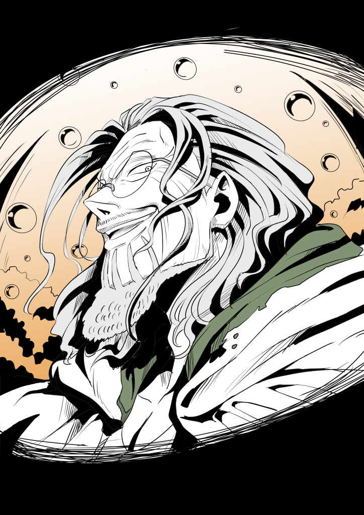 1boy beard cloak commentary_request facial_hair glasses hood hooded_cloak limited_palette long_hair looking_at_viewer male_focus musasabiop one_piece silvers_rayleigh smile solo water_drop