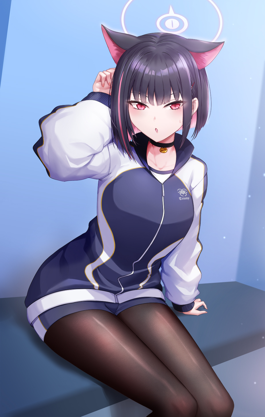 1girl :o animal_ears black_choker black_hair blue_archive brown_pantyhose cat_ears cat_girl choker colored_inner_hair commentary_request dtcy extra_ears halo highres jacket kazusa_(blue_archive) long_sleeves looking_at_viewer multicolored_hair pantyhose pink_hair red_eyes short_hair sitting solo track_jacket two-tone_hair white_halo