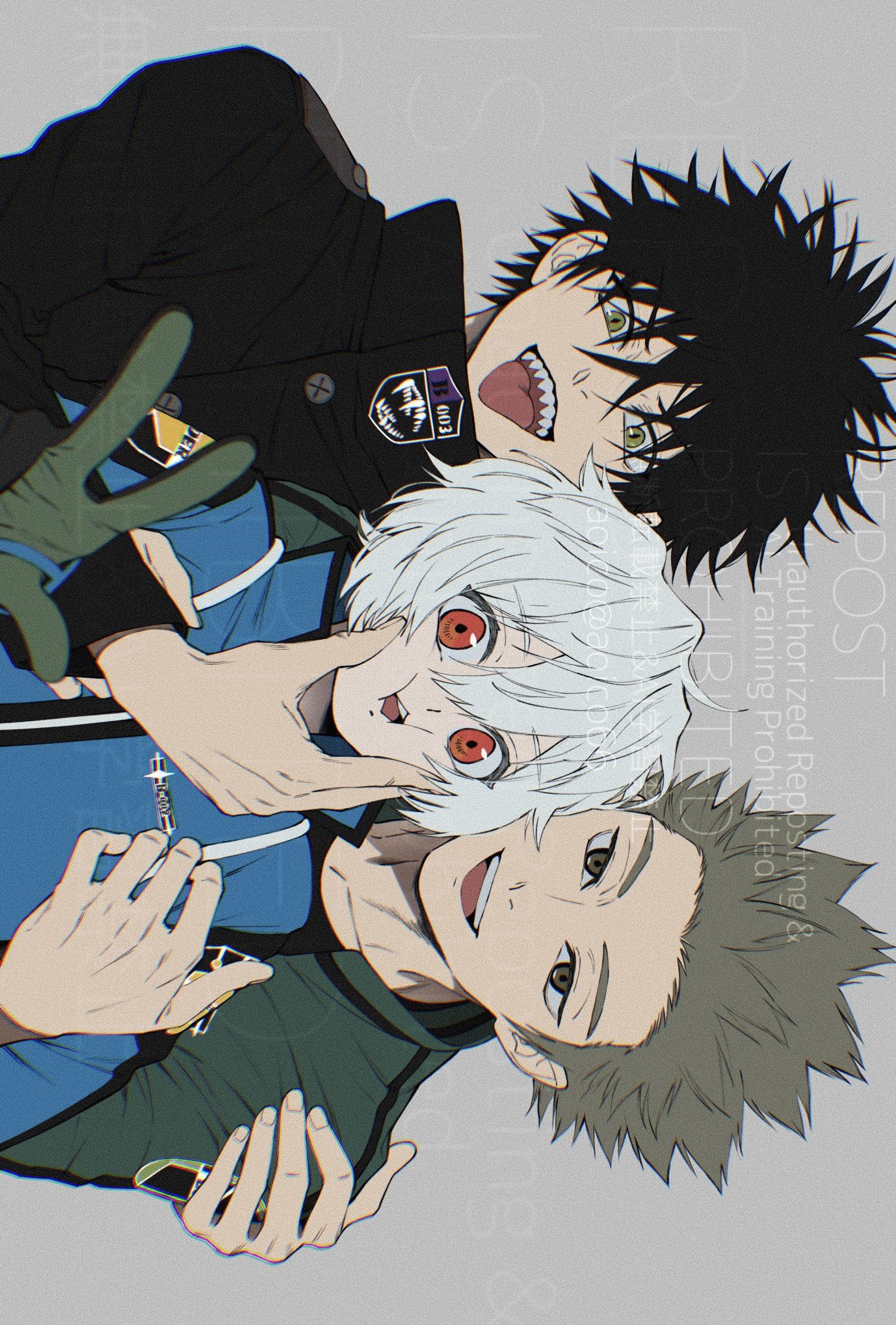 3boys aoico66 arm_around_shoulder black_eyes black_hair black_jacket blue_jacket brown_hair gloves green_jacket grey_background hand_on_another's_face highres jacket kageura_masato kuga_yuuma looking_at_viewer male_focus multiple_boys murakami_kou open_mouth red_eyes sharp_teeth short_hair smile teeth white_hair world_trigger yellow_eyes