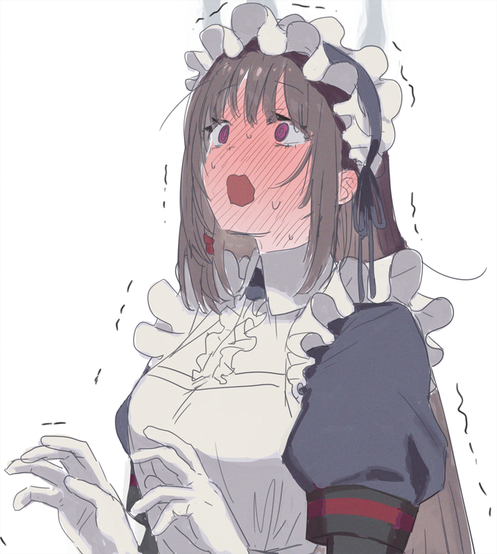 1girl @_@ apron blush brown_hair frilled_apron frills gloves last_origin long_hair maid maid_headdress mel_(dodosae) open_mouth red_eyes scissors_lise simple_background steam sweat trembling upper_body white_apron white_background white_gloves