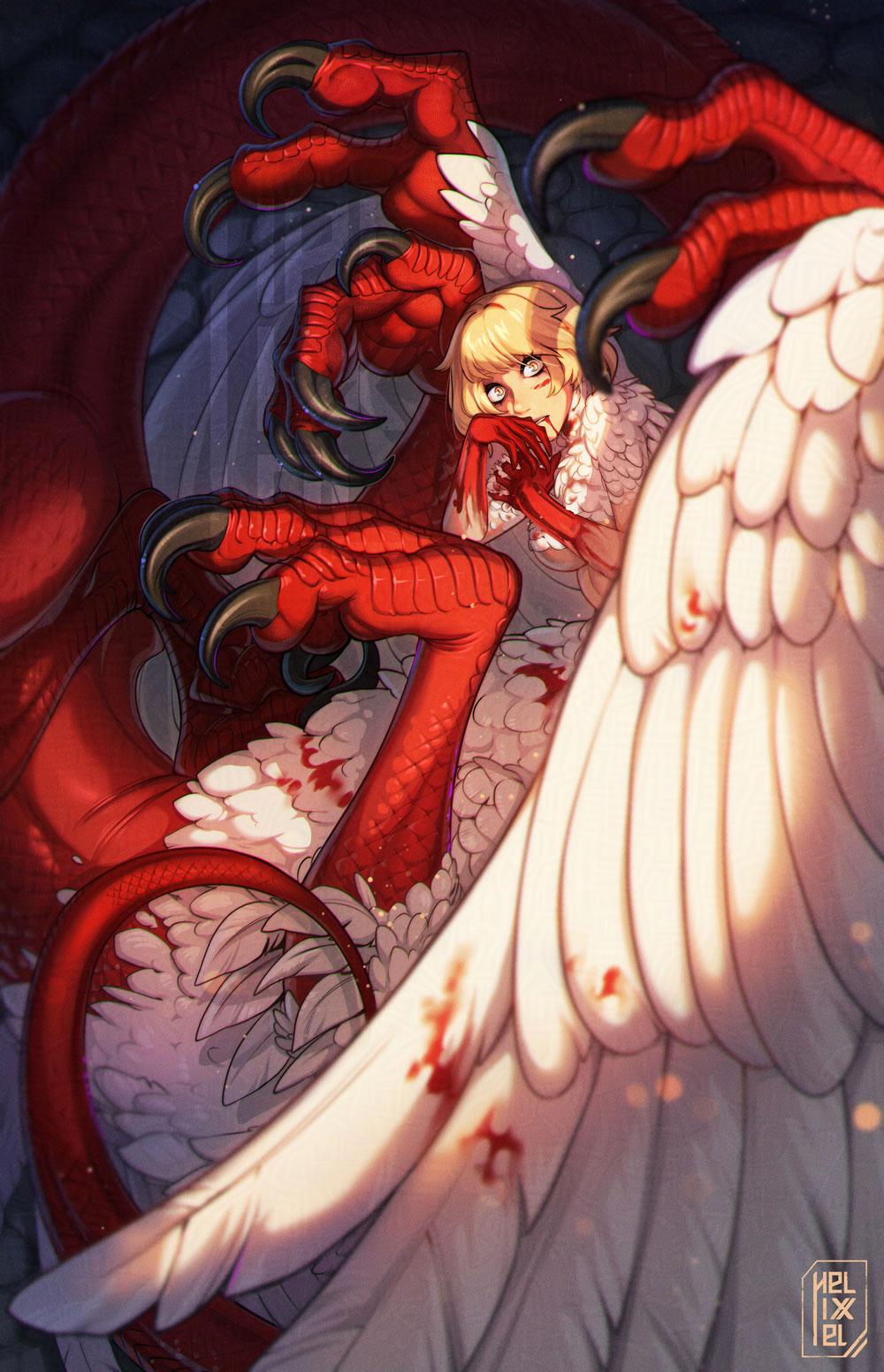1girl artist_logo blonde_hair blood blood_on_body blood_on_face blood_on_hands bloody_wings breasts centauroid chimera claws commentary dragon_tail dungeon_meshi english_commentary falin_touden falin_touden_(chimera) feathered_wings feathers helixel highres logo looking_at_viewer medium_hair monster_girl parted_lips red_scales shadow solo tail taur underboob watermark white_feathers white_wings wide-eyed wings yellow_eyes