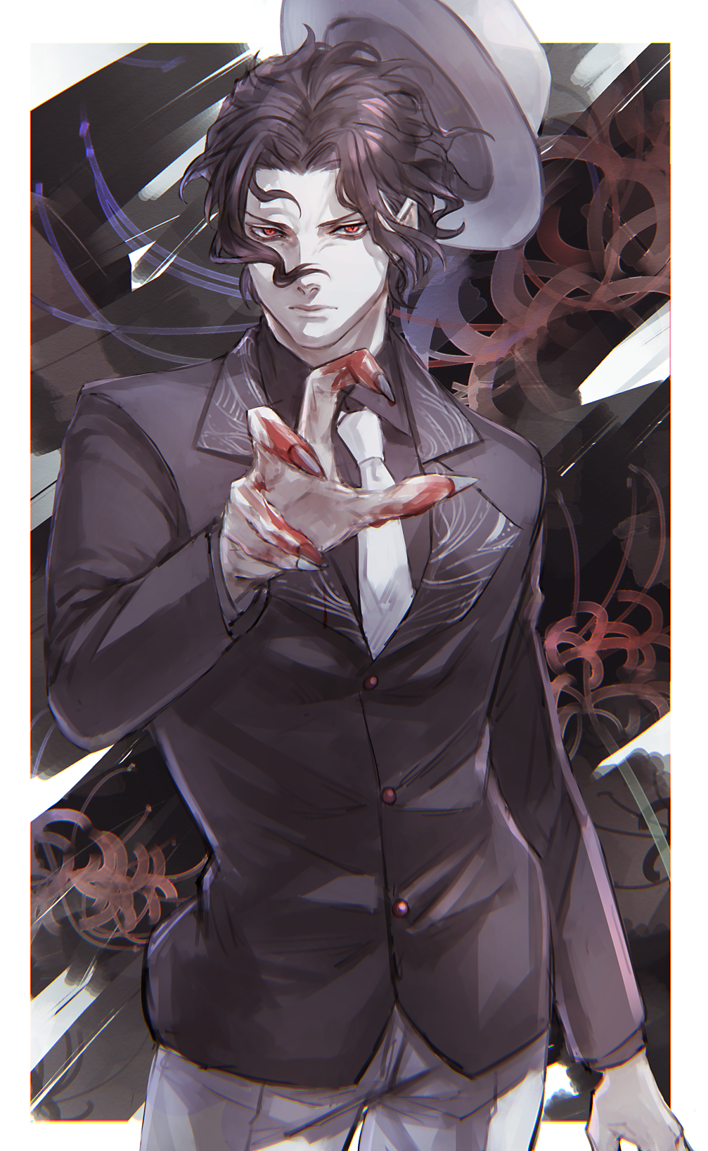 1boy black_hair black_suit blood blood_on_hands douma_(kimetsu_no_yaiba) fingernails formal_clothes hat highres kibutsuji_muzan kimetsu_no_yaiba kuroda_matsurika looking_at_viewer pants red_eyes sharp_fingernails solo suit wavy_hair white_pants