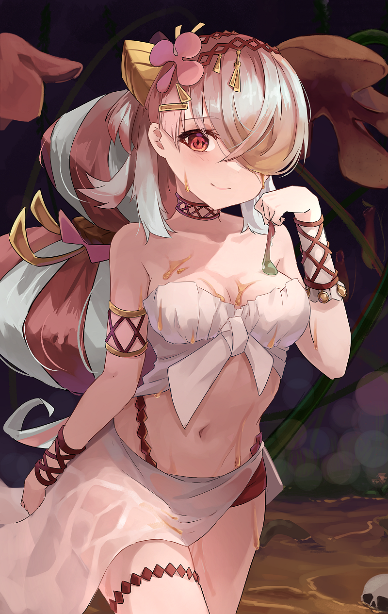 1girl armlet black_background blush bracelet breasts closed_mouth collarbone duel_monster flower front-tie_top hair_ornament hair_over_one_eye highres jewelry large_breasts long_hair looking_at_viewer midriff monster_girl multicolored_hair navel necklace nectar pink_flower plant_girl red_eyes sarong skull smile solo strapless traptrix_pinguicula tube_top two-tone_hair unagishirou very_long_hair white_tube_top yu-gi-oh!