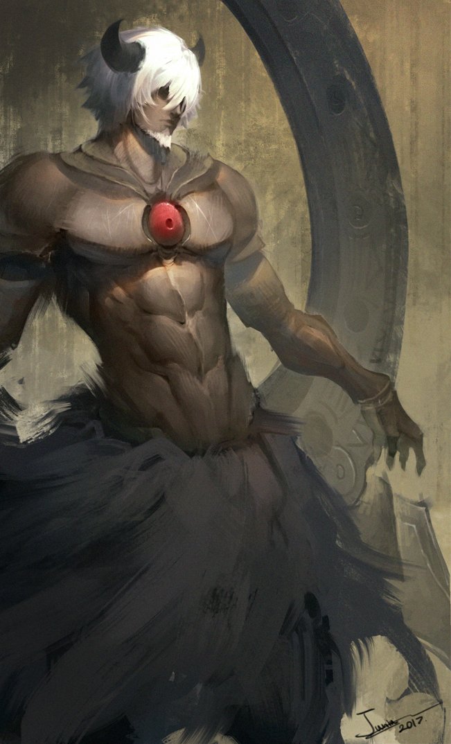 1boy akame_ga_kill! artist_name beard brown_background eyes_in_shadow facial_hair hair_between_eyes horns juniu21 living_weapon male_focus muscular muscular_male short_hair solo susanoo_(akame_ga_kill!) topless_male white_beard white_hair