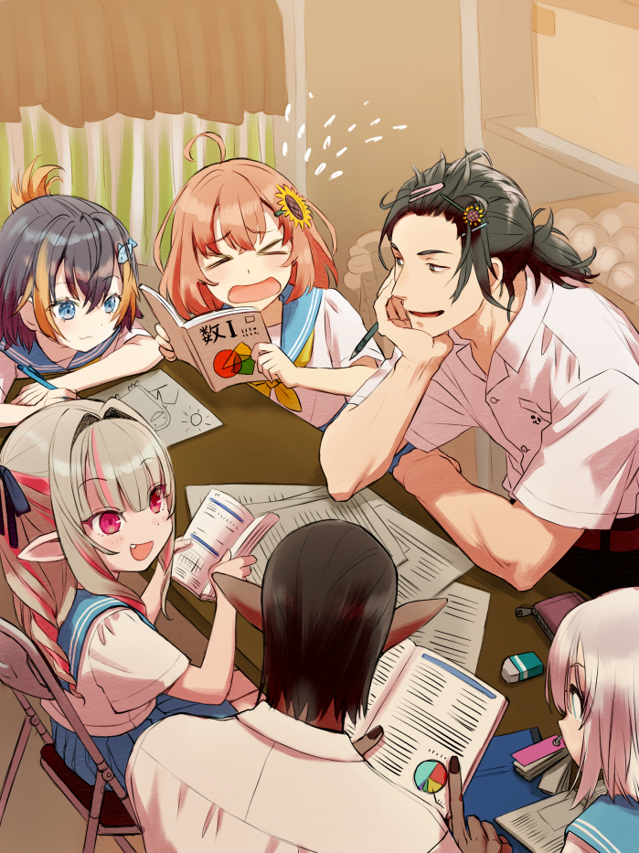 &gt;_&lt; 2boys 4girls :3 :d ahoge alternate_hair_length alternate_hairstyle ars_almal ball bangs_pinned_back baseball_(object) black_hair black_nails black_ribbon blonde_hair blue_eyes blue_sailor_collar blue_skirt blunt_bangs blush book box brown_hair buttons chair character_request check_character closed_eyes closed_mouth collared_shirt commentary_request crossed_bangs curtains dark-skinned_male dark_skin drawing_(action) drawing_(object) elbow_rest eraser facing_away fang fingernails fish_hair_ornament flower flying_sweatdrops forehead from_behind grey_hair gwelu_os_gar hair_flower hair_intakes hair_ornament hair_ribbon hairclip half_updo hands_up head_rest holding holding_book holding_pencil honma_himawari indoors long_hair looking_at_another looking_to_the_side makaino_ririmu mechanical_pencil medium_hair multicolored_hair multiple_boys multiple_girls neckerchief nijisanji nijisanji_en notebook on_chair open_book open_mouth orange_hair paper pencil pencil_case petra_gurin pleated_skirt pointy_ears ponytail raised_eyebrows red_eyes red_hair ribbon sailor_collar sailor_shirt school_uniform shelf shirt short_hair short_sleeves sidelocks sitting skirt smile streaked_hair succo_gura sunflower sunflower_hair_ornament table two-tone_hair two_side_up virtual_youtuber white_shirt window yashiro_kizuku yellow_flower yellow_neckerchief