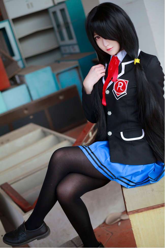 1girl artist_request asian black_hair black_pantyhose black_shoes blazer blue_skirt blurry color_contacts cosplay crossed_legs date_a_live depth_of_field dutch_angle female_focus hair_over_one_eye jacket loafers long_hair looking_at_viewer makeup mascara miniskirt pantyhose photo_(medium) pleated_skirt red_eyes school_uniform shoes sitting skirt solo tokisaki_kurumi tokisaki_kurumi_(cosplay) twintails