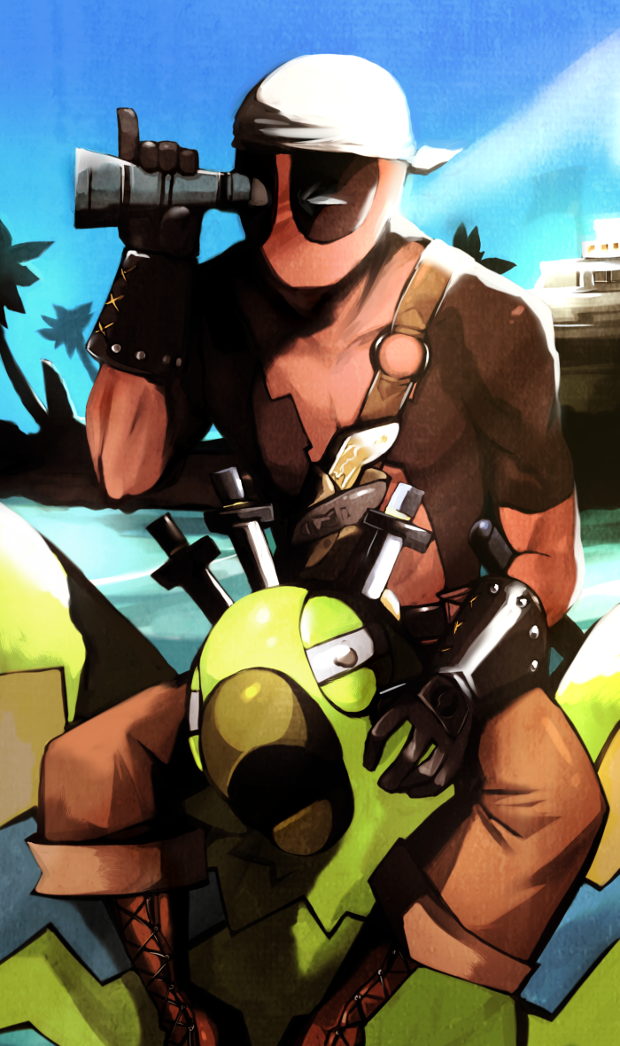 1boy bad_id bad_pixiv_id bird bob_(marvel) bob_agent_of_hydra deadpool deadpool_(series) headscarf kei_(ritoru2468) keijou_(cave) knife marvel palm_tree parrot pinky_out telescope tree white_headscarf