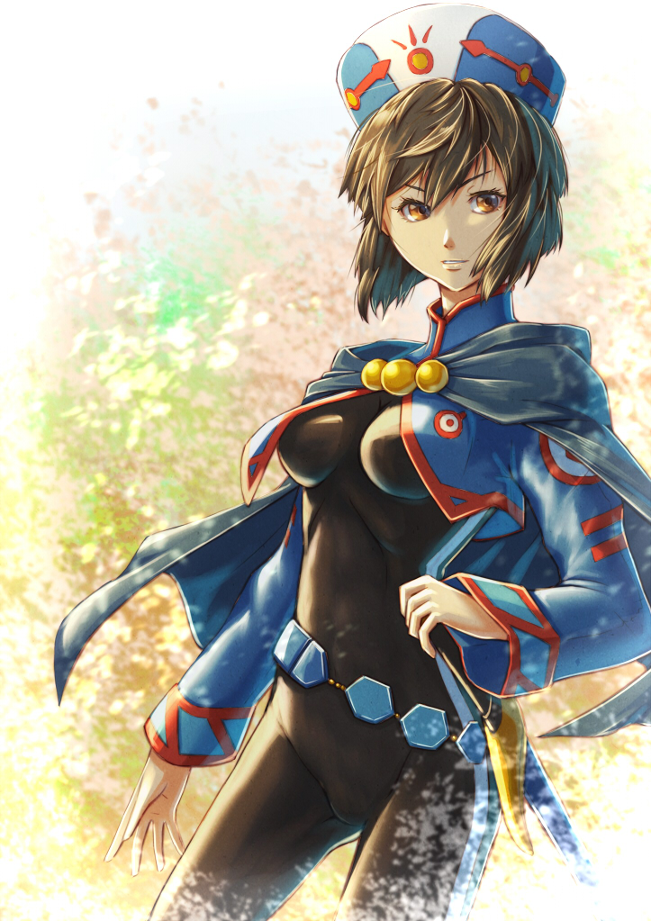 1girl belt black_bodysuit black_hair blue_jacket bodysuit breasts brown_eyes cape chloe_valens cropped_jacket female_focus hat irisu_haniwa jacket long_sleeves looking_at_viewer open_clothes open_jacket short_hair solo sword tales_of_(series) tales_of_legendia weapon